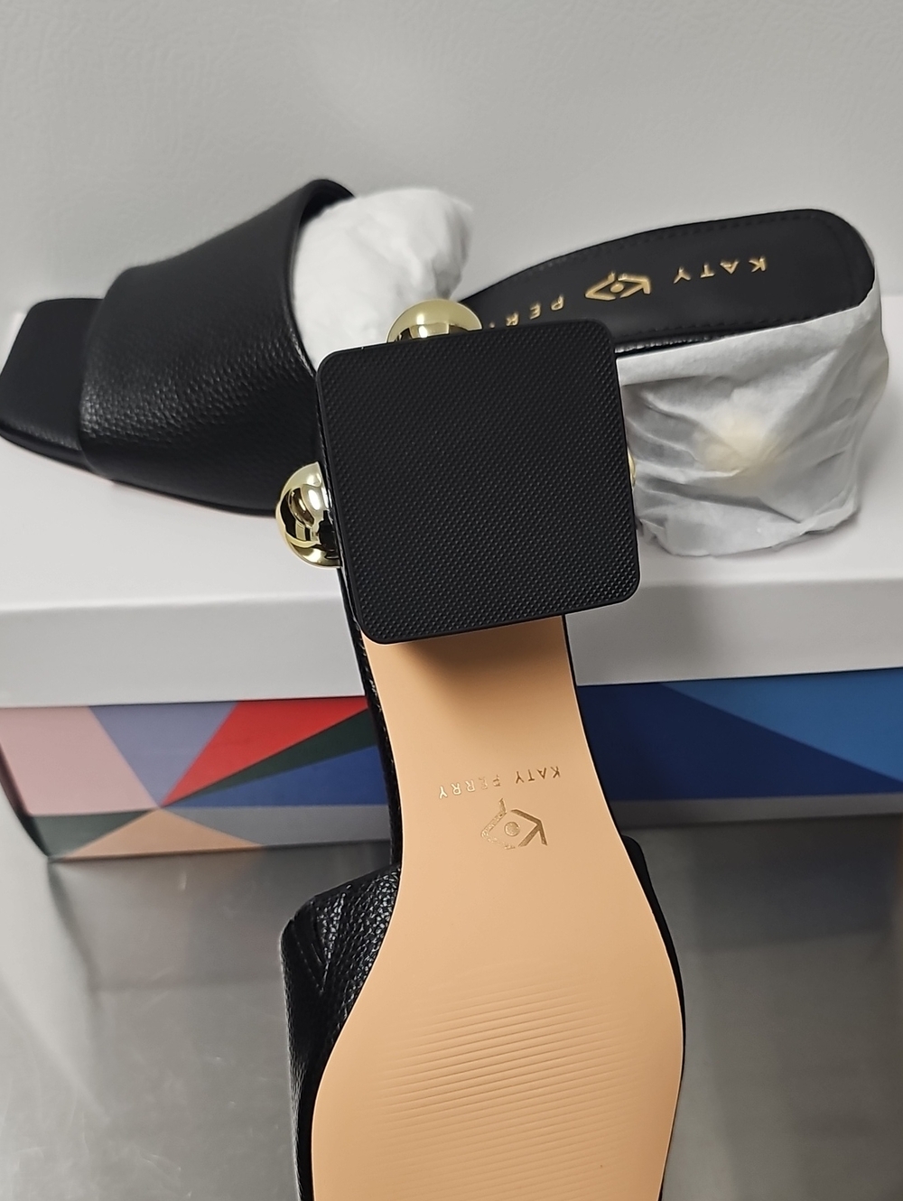 Katy Perry Collections Black Slide Mules with Gold Orb Detail